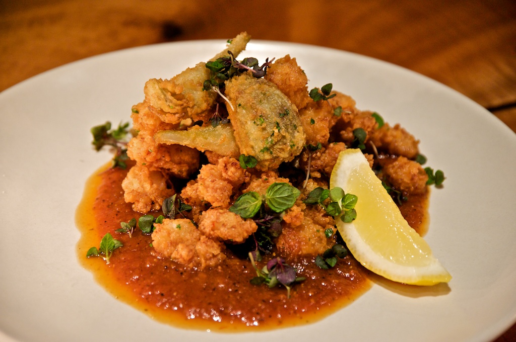 Fried wild rock shrimp and baby artichokes with spicy bruins farm tomato puree Fried wild rock shrimp and baby artichokes with spicy bruins farm tomato puree