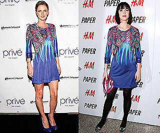 Nicky Hilton and Katy Perry in Matthew Williamson for H&M Peacock Dress