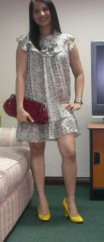 red bag & yellow shoes, and a trapeze chiffon dress