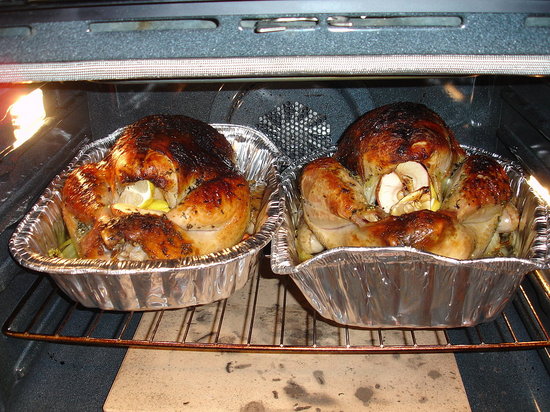 Two herb-brined turkeys.