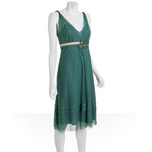 Nicole - Vera Wang jade mesh belted v-neck dress