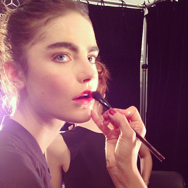 The lip at Milly was achieved with an orange-red blush mixed with lip ...